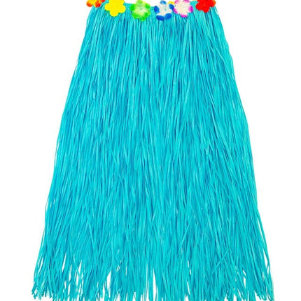 Hawaiirokje Lichtblauw Met Bloemenriem 80cm van Widmann koop je bij Partywinkel