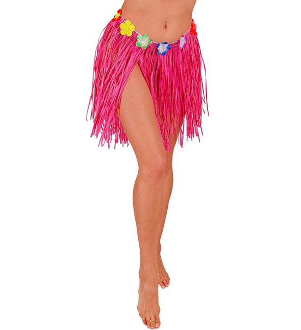 Hawaiirokje Roze Met Bloemenriem 40cm van Widmann koop je bij Partywinkel