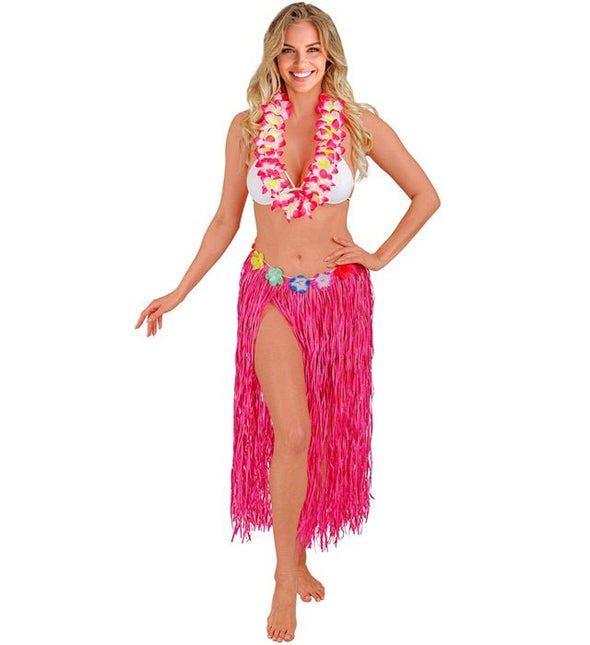 Hawaiirokje Roze Met Bloemenriem 80cm van Widmann koop je bij Partywinkel