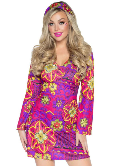 Hippie 60S Jurk Paars Roze Dames Bloemen Leg Avenue van Leg Avenue koop je bij Partywinkel