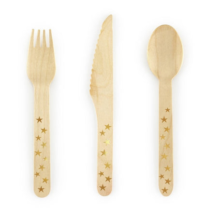 Houten Bestek Goud 16cm 18 delig van Partydeco koop je bij Partywinkel