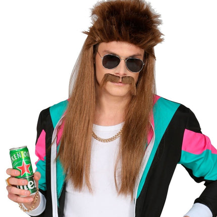 Jaren 80 Pruik Aso Bruin met Snor van Widmann koop je bij Partywinkel