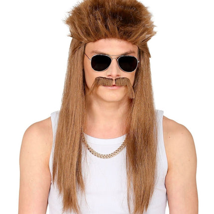 Jaren 80 Pruik Aso Bruin met Snor van Widmann koop je bij Partywinkel