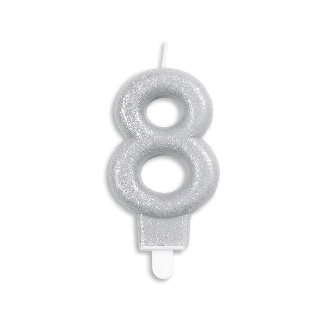 Kaars 8 Jaar Zilver Glitter 7cm van WeFiesta koop je bij Partywinkel