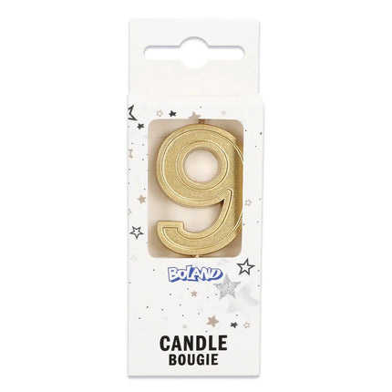 Kaarsje Elegant '9' goud op prikker (3 x 4,2 x 0,7 cm) van Boland koop je bij Partywinkel