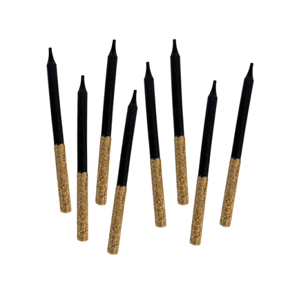 Kaarsjes Glitter Dip Zwart Goud 8cm 16st van Haza Witbaard koop je bij Partywinkel