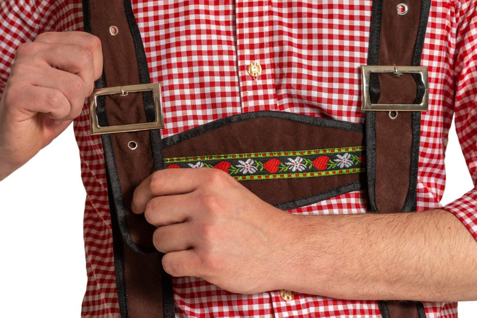 Lederhose Johann met Verstelbare Bretels Donkerbruin Kort van Partychimp koop je bij Partywinkel