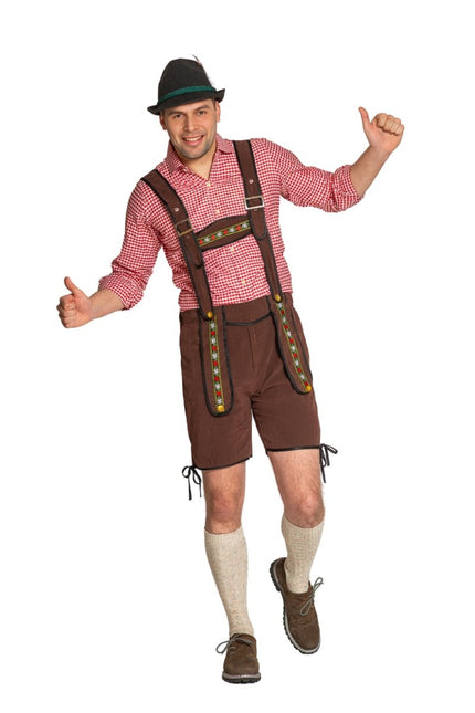 Lederhose Johann met Verstelbare Bretels Donkerbruin Kort van Partychimp koop je bij Partywinkel