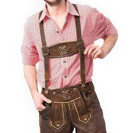 Lederhose Leer Kort Donkerbruin Gestikt en Bretels van Tannhauser koop je bij Partywinkel