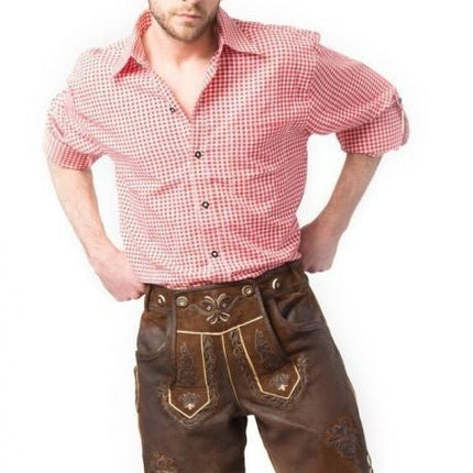 Lederhose Leer Kort Donkerbruin Gestikt en Bretels van Tannhauser koop je bij Partywinkel