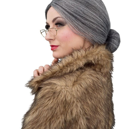 Oma Pruik Grijs met Knot en Bril van Orlob koop je bij Partywinkel