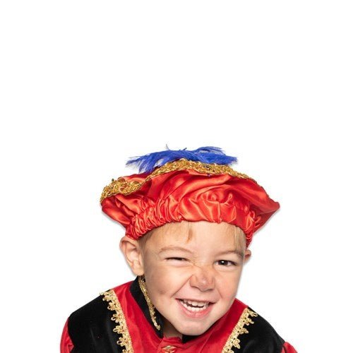 Pietenbaret Satijn Met Veer Rood van Haza Witbaard koop je bij Partywinkel