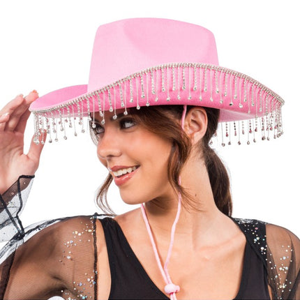 Lyserød cowboyhat med hængende strass, one size