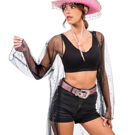 Lyserød cowboyhat med hængende strass, one size