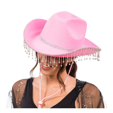 Lyserød cowboyhat med hængende strass, one size