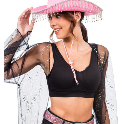 Lyserød cowboyhat med hængende strass, one size