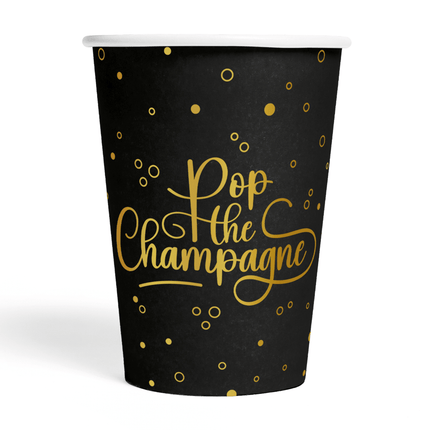 Pop The Champagne Bekers Zwart Goud 210ml 8st van WeFiesta koop je bij Partywinkel