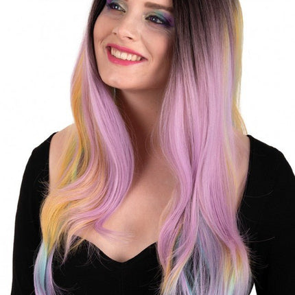 Pruik Selena Lang Met Krullen Pastel Regenboog van PartyXplosion koop je bij Partywinkel