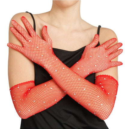Røde fiskenet-handsker med strass, 45 cm