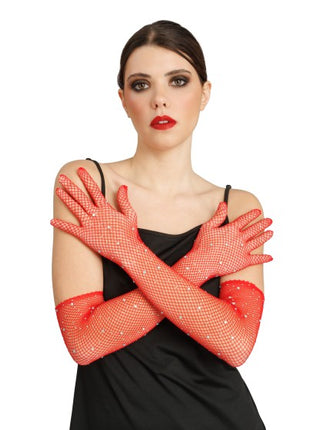 Røde fiskenet-handsker med strass, 45 cm