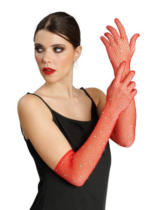 Røde fiskenet-handsker med strass, 45 cm