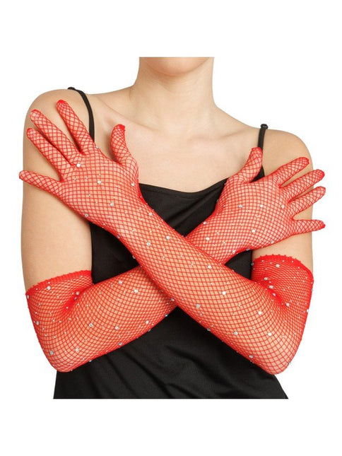 Rode Visnet Handschoenen met Strass 45cm van CHAKS koop je bij Partywinkel