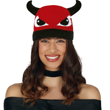 Rood Zwarte Muts Duivel Met Ogen van Fiestas Guirca koop je bij Partywinkel