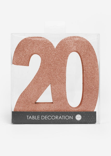 Rose Goud Tafeldecoratie Cijfer 20 Glitter 20,5cm van WeFiesta koop je bij Partywinkel