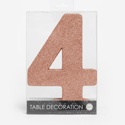 Rose Goud Tafeldecoratie Cijfer 4 Glitter 20,5cm van WeFiesta koop je bij Partywinkel