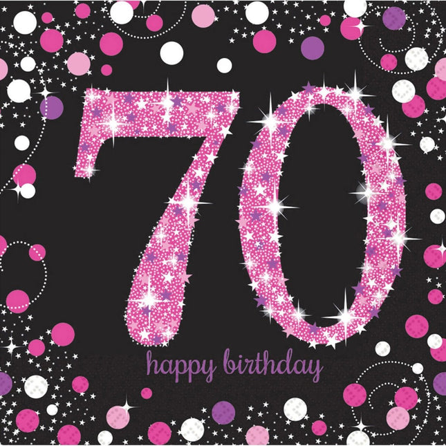 Servetten 70 Jaar Happy Birthday Roze 33cm 16st van Riethmueller koop je bij Partywinkel