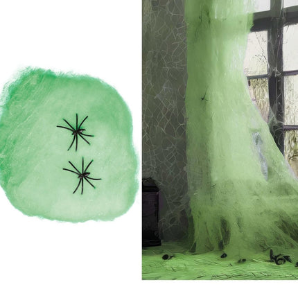 Spinnenweb Groen met 4 Spinnen 60gr van Fiestas Guirca koop je bij Partywinkel