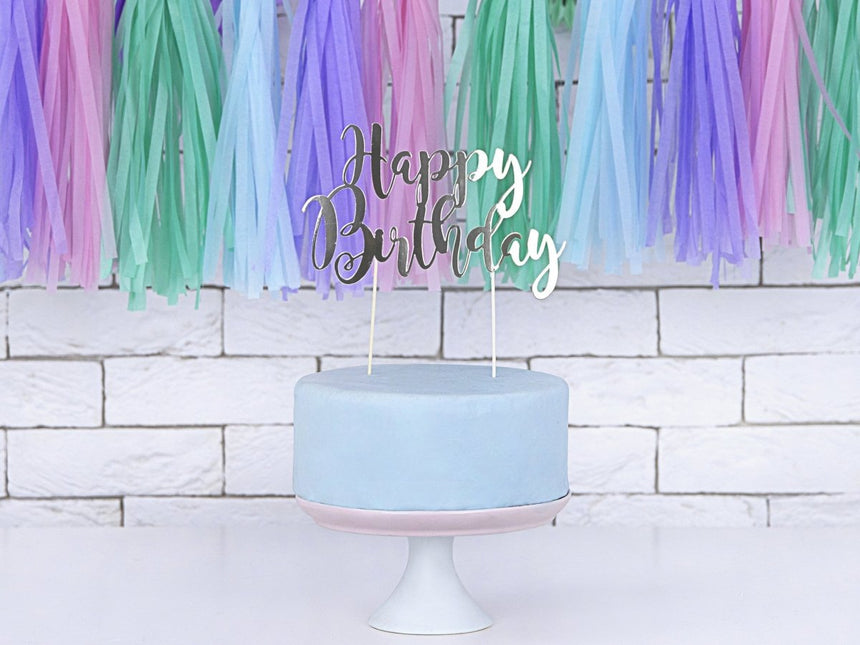 Taarttopper Happy Birthday Zilver 22,5cm van Partydeco koop je bij Partywinkel
