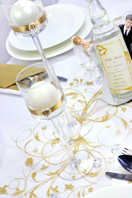 Vanille Creme Organza Stof Gouden Bloemen 36cm 9m van Partydeco koop je bij Partywinkel