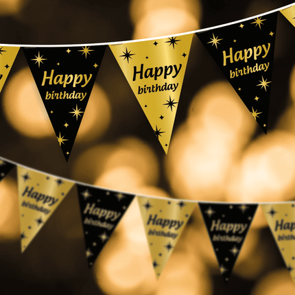 Vlaggenlijn Happy Birthday Goud Zwart 10m van Paper Dreams koop je bij Partywinkel