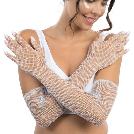 Hvide fiskenet-handsker med strass, 45 cm