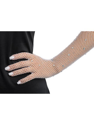 Hvide fiskenet-handsker med strass, 45 cm