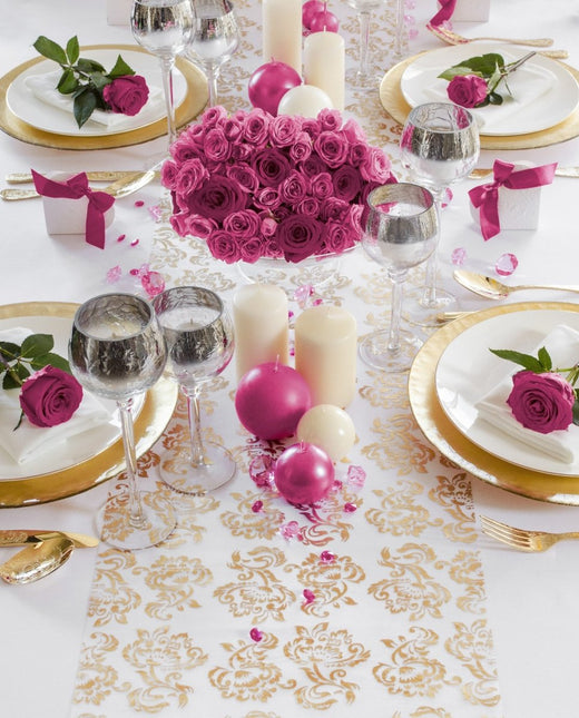 Witte Organza Stof Gouden en Zilveren Koningsbloem print 36cm 9m van Partydeco koop je bij Partywinkel