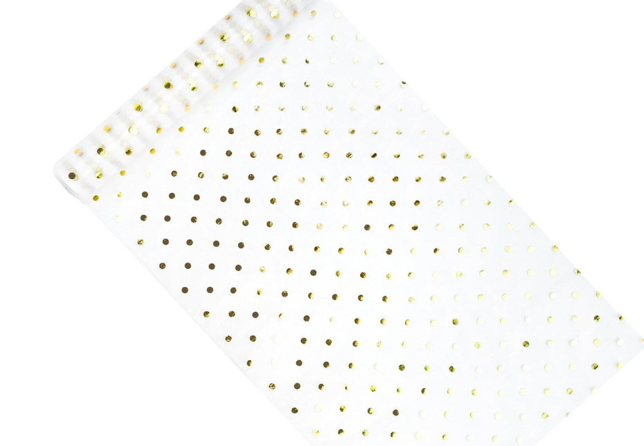 Witte Organza Stof Gouden Stippen 36cm 9m van Partydeco koop je bij Partywinkel