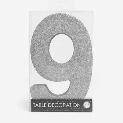 Zilver Tafeldecoratie Cijfer 9 Glitter 20,5cm van WeFiesta koop je bij Partywinkel