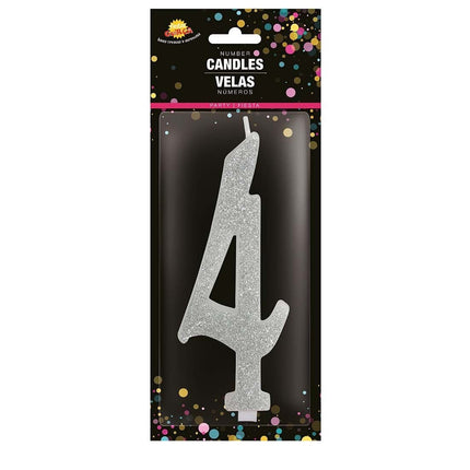 Zilveren Kaars 4 Jaar Glitter 12,5cm van Fiestas Guirca koop je bij Partywinkel