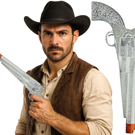 Zilveren Nep Pistool Lang 30cm van Fiestas Guirca koop je bij Partywinkel