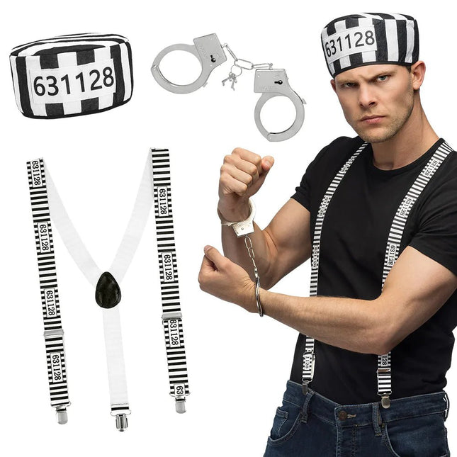 Zwart Witte Accessoireset Gevangene 3 delig van Boland koop je bij Partywinkel