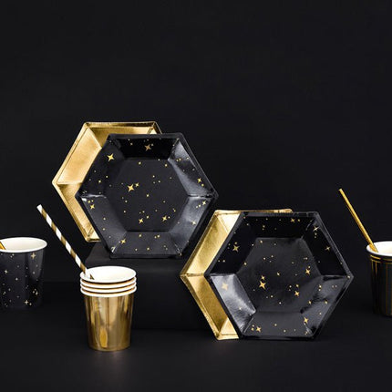 Zwarte Borden Gouden Sterren 20cm 6st van Partydeco koop je bij Partywinkel