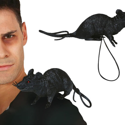 Zwarte Nep Rat Met Elastiek 16cm van Fiestas Guirca koop je bij Partywinkel