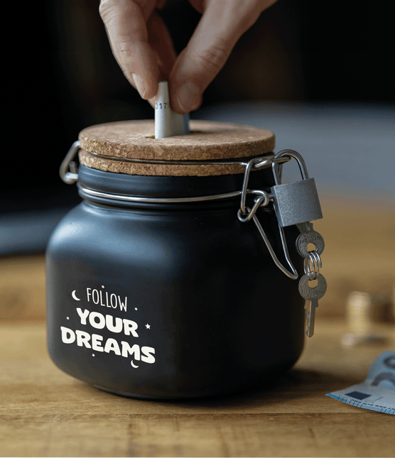 Zwarte Spaarpot Follow Your Dreams 12,5cm van Paper Dreams koop je bij Partywinkel