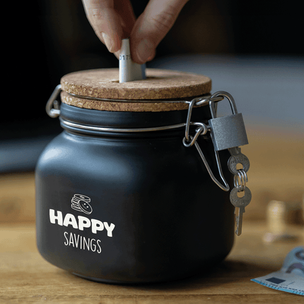 Zwarte Spaarpot Happy Savings 12,5cm van Paper Dreams koop je bij Partywinkel